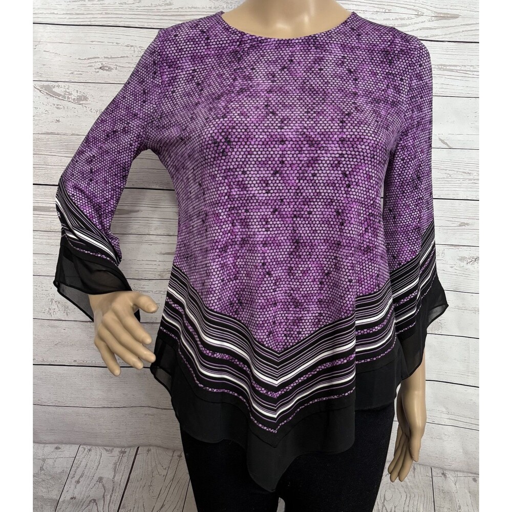 Alfani Blouse Petite Small Purple Black Honeycomb Pattern Pointed Hem Striped